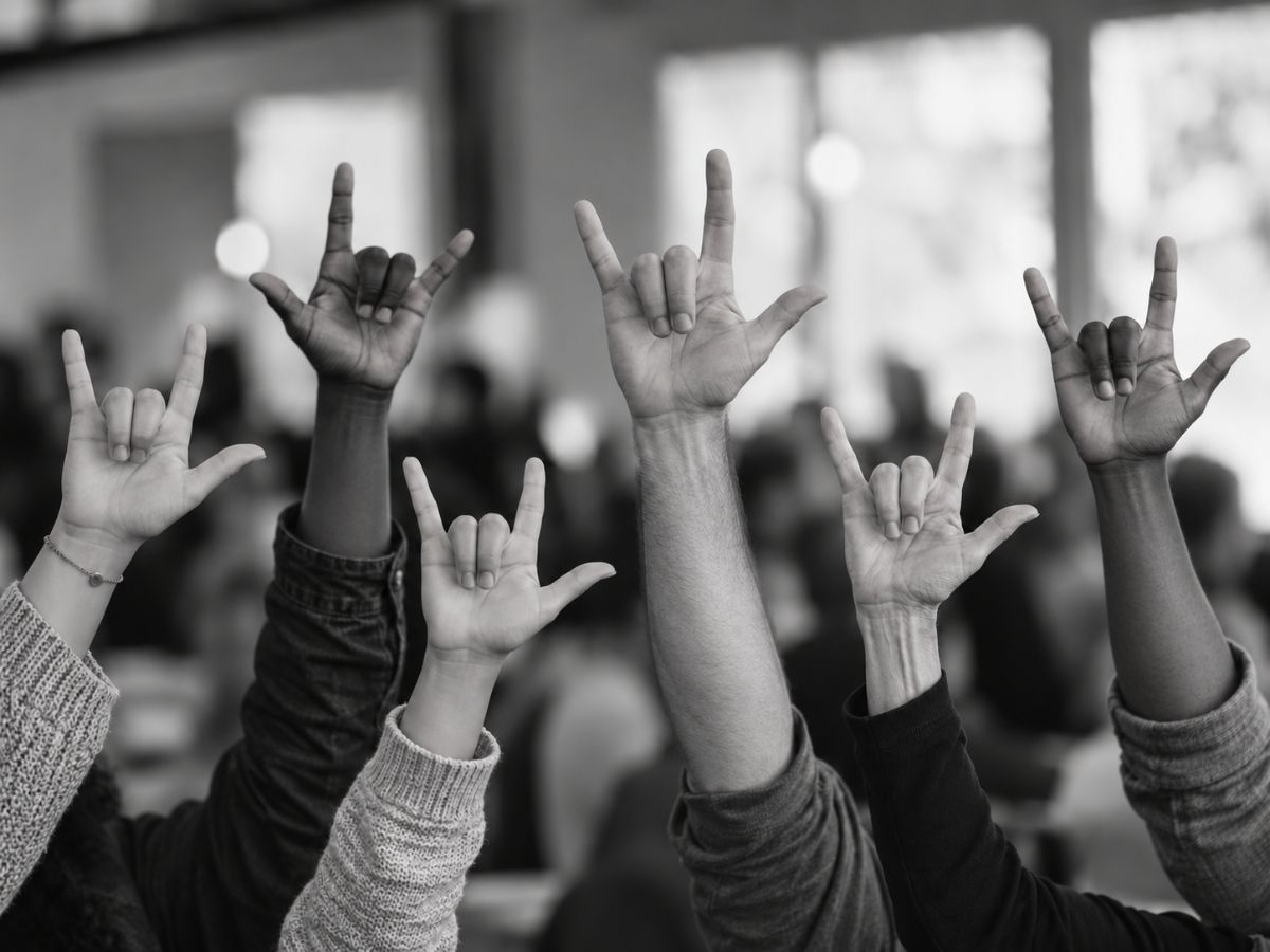A group of hands raised signing I love you in ASL
